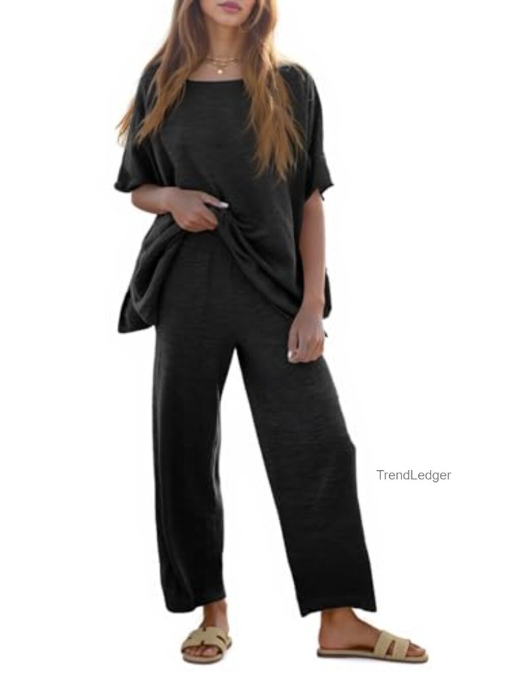 Women's 2 Piece Cotton Viscose Knit Lounge Sweater Set Wide Leg Pants